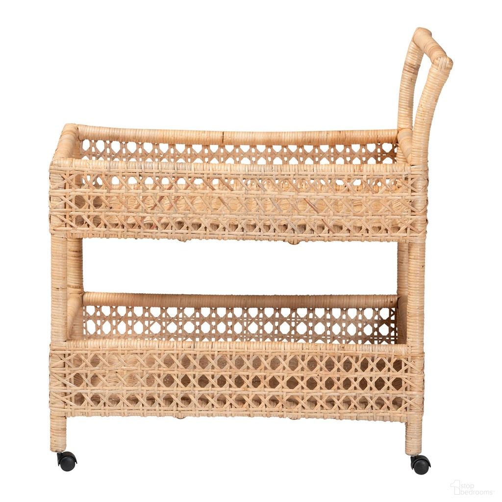 Alaina 2-Tier Handwoven Wicker Natural Rattan Kitchen Cart with Handle In Natural Rattan