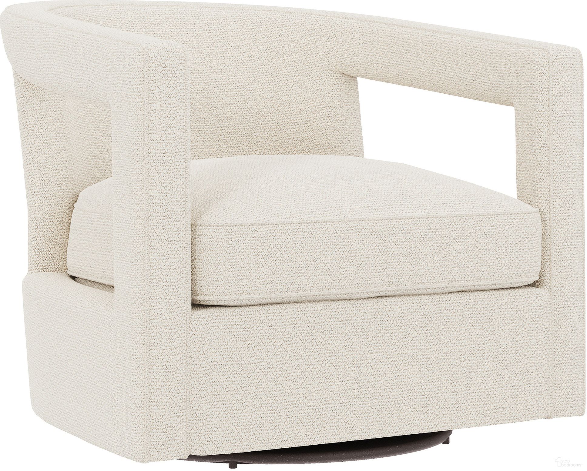 The appearance of Alana Chenille Fabric Swivel Chair In Beige designed by Bernhardt in the transitional interior design. This cream chenille piece of furniture was selected by 1StopBedrooms from Alana Collection to add a touch of cosiness and style into your home. Sku: N1118SX_1345-002. Material: Wood. Upholstery Material: Chenille.