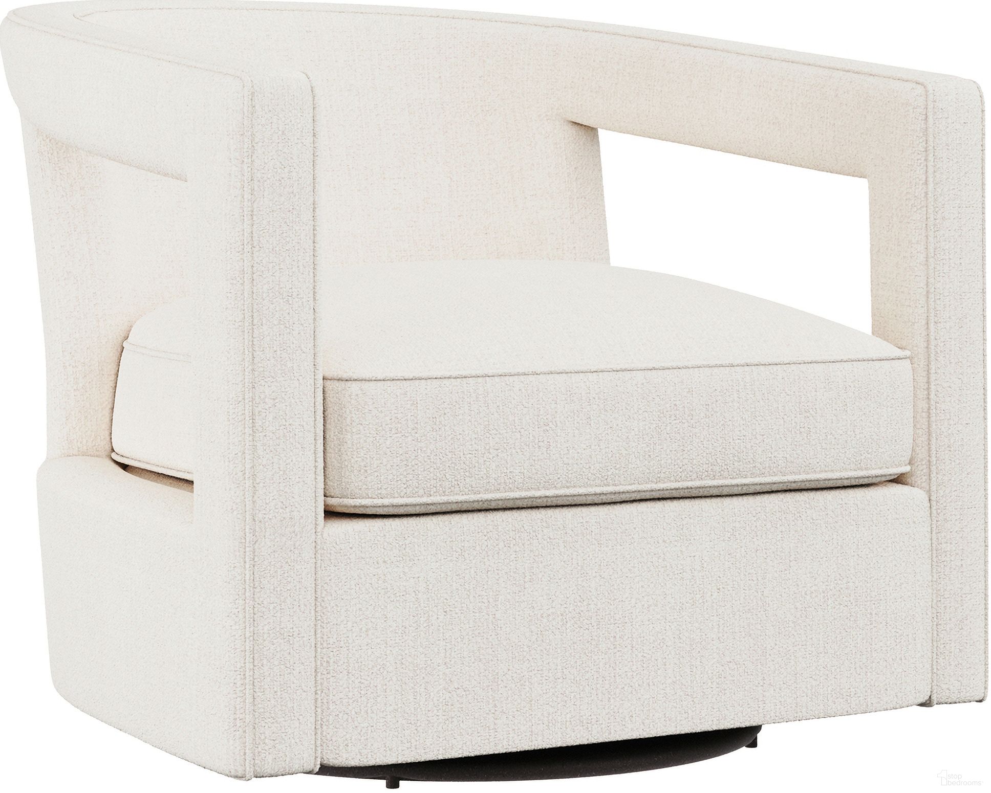 The appearance of Alana Chenille Fabric Swivel Chair In White designed by Bernhardt in the transitional interior design. This white chenille piece of furniture  was selected by 1StopBedrooms from Alana Collection to add a touch of cosiness and style into your home. Sku: N1118SX_5558-000. Material: Wood. Upholstery Material: Chenille.