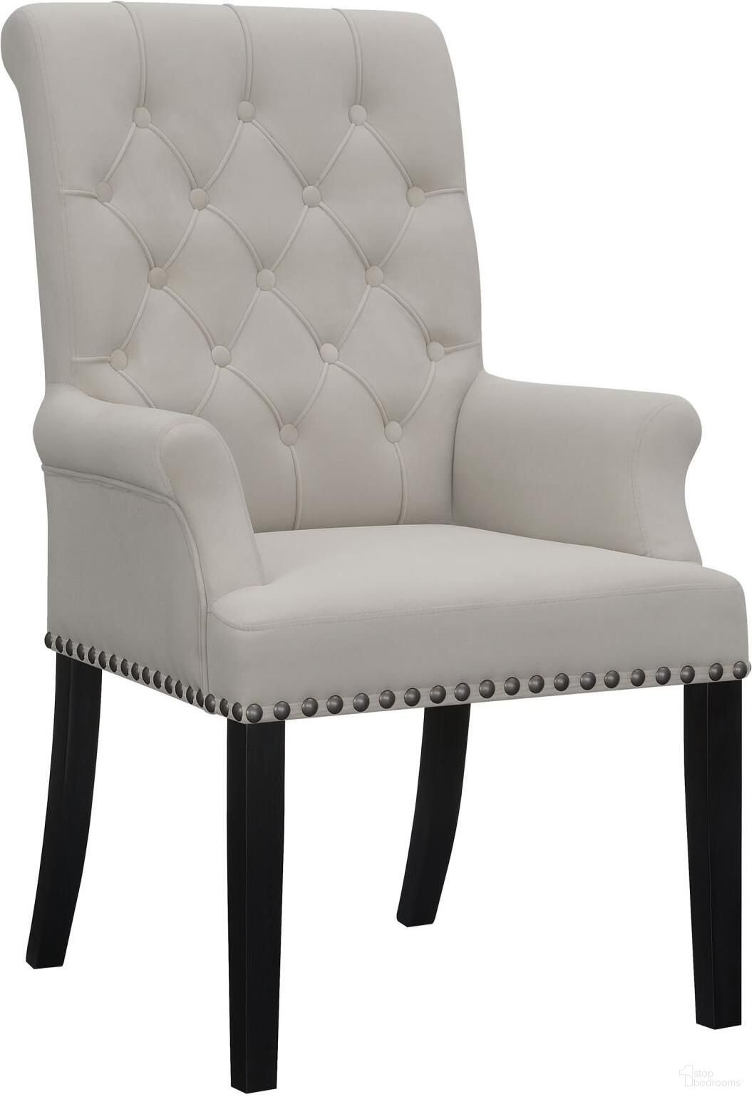The appearance of Alana Upholstered Tufted Arm Chair with Nailhead Trim In Sand / Rustic Espresso designed by Coaster in the transitional interior design. This sand/rustic espresso piece of furniture  was selected by 1StopBedrooms from Alana Collection to add a touch of cosiness and style into your home. Sku: 115183. Material: Upholstered. Chair Type: Arm Chair.