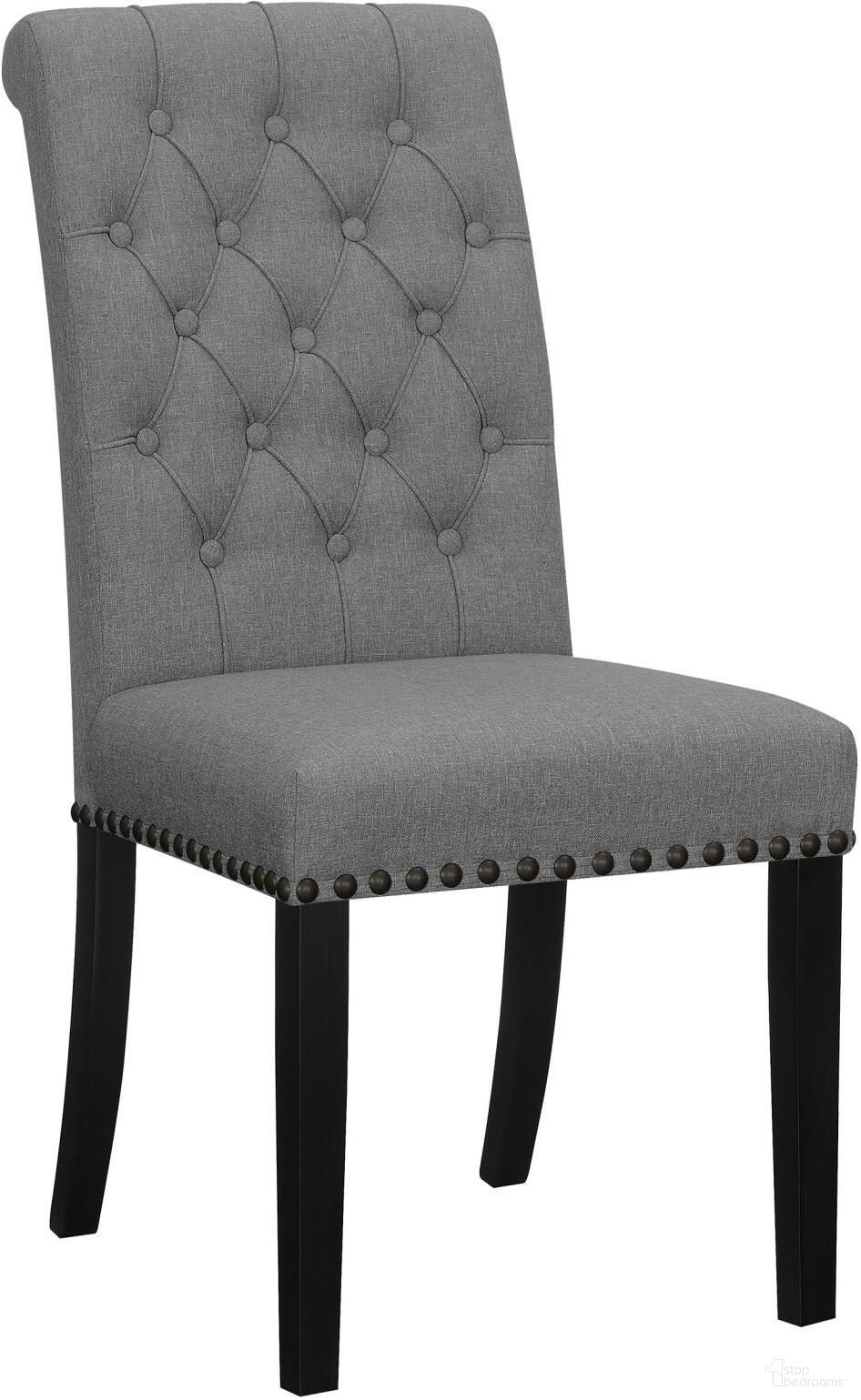The appearance of Alana Upholstered Tufted Side Chairs with Nailhead Trim Set of 2 In Grey / Rustic Espresso designed by Coaster in the transitional interior design. This grey/rustic espresso piece of furniture  was selected by 1StopBedrooms from Alana Collection to add a touch of cosiness and style into your home. Sku: 115162. Material: Upholstered. Chair Type: Side Chair.