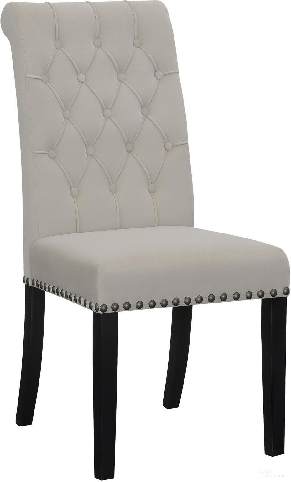 The appearance of Alana Upholstered Tufted Side Chairs with Nailhead Trim Set of 2 In Sand / Rustic Espresso designed by Coaster in the transitional interior design. This sand/rustic espresso piece of furniture  was selected by 1StopBedrooms from Alana Collection to add a touch of cosiness and style into your home. Sku: 115182. Material: Upholstered. Chair Type: Side Chair.