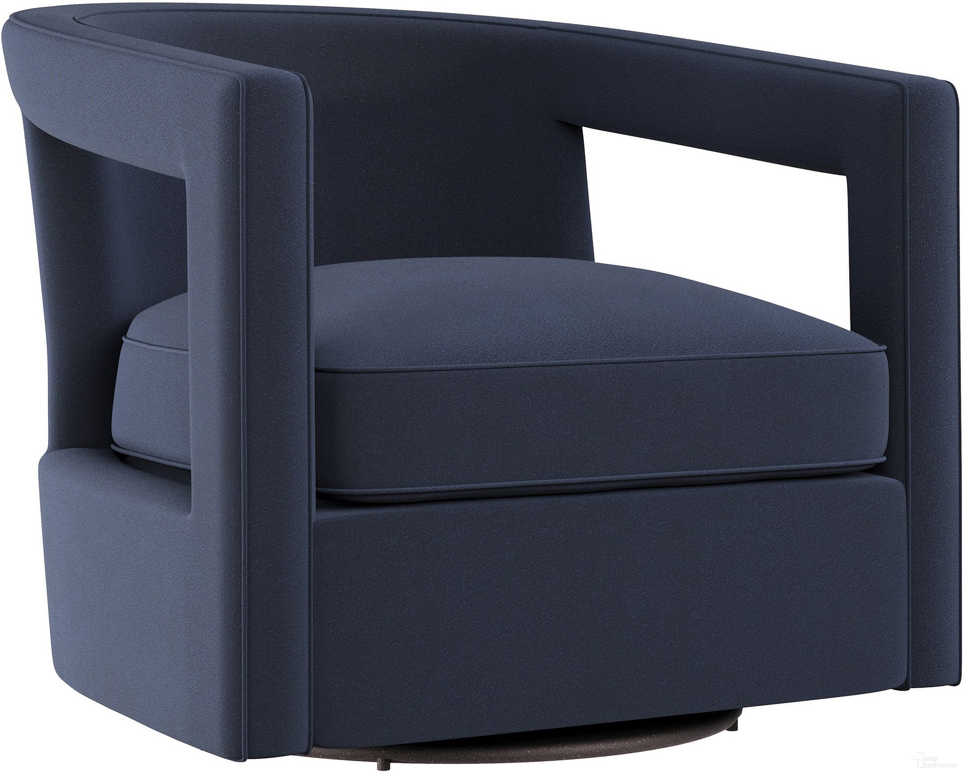 The appearance of Alana Velvet Fabric Swivel Chair In Blue designed by Bernhardt in the transitional interior design. This blue velvet piece of furniture  was selected by 1StopBedrooms from Alana Collection to add a touch of cosiness and style into your home. Sku: N1118SX_1580-444. Material: Velvet. Upholstery Material: Velvet.