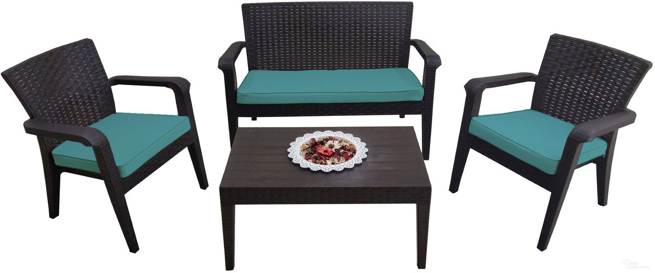 The appearance of Alaska 4-Piece Seating Set with Cushions In Brown and Teal designed by Rainbow Outdoor in the traditional interior design. This teal/brown piece of furniture was selected by 1StopBedrooms from Alaska Collection to add a touch of cosiness and style into your home. Sku: RBO-ALASKA-BRW-4PC-CUSH-TEA. Material: Polypropylene.