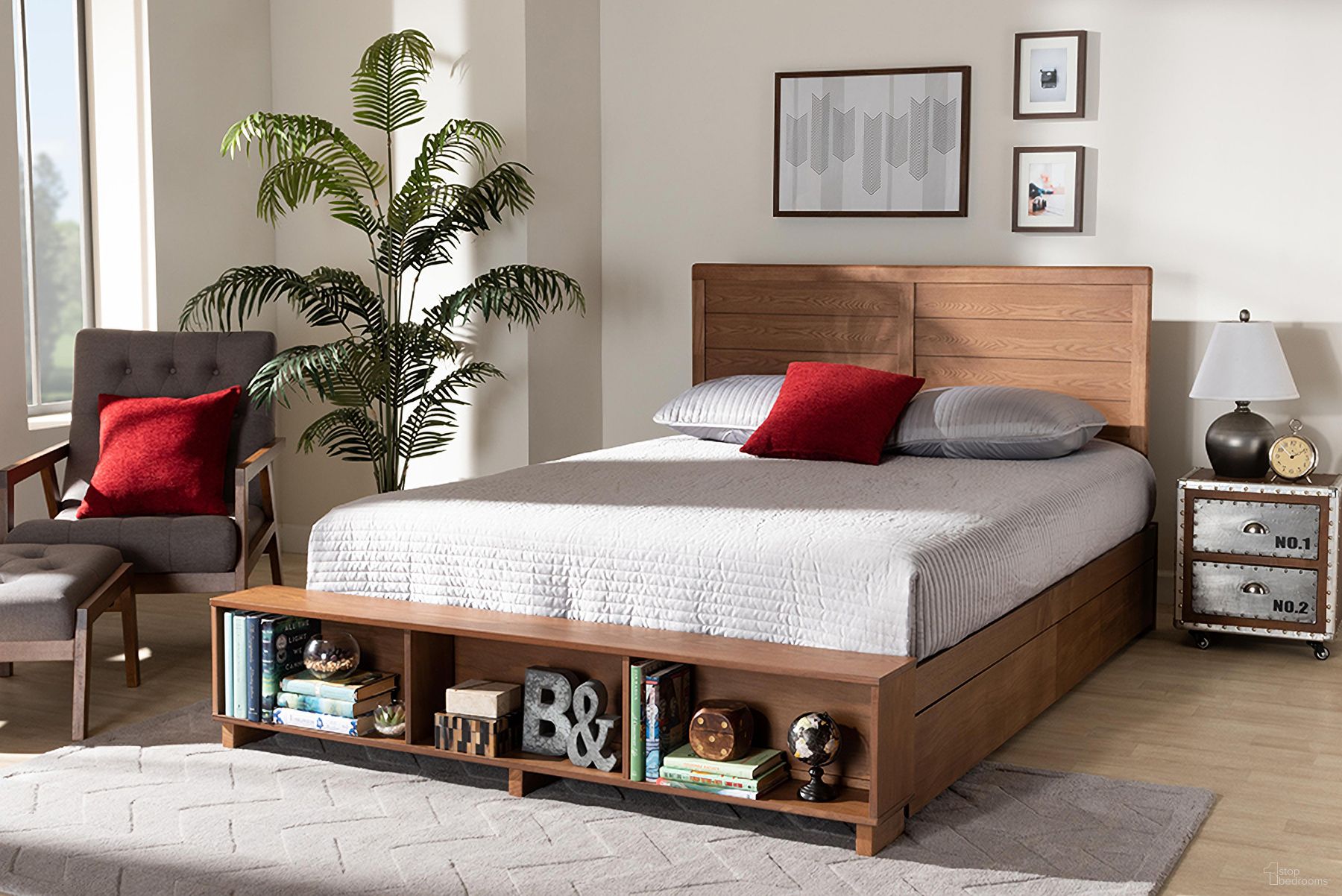 The appearance of Alba Modern Transitional Ash Walnut Brown Finished Wood Full Size 4-Drawer Platform Storage Bed with Built-In Shelves designed by Baxton Studio in the modern / contemporary interior design. This ash walnut piece of furniture  was selected by 1StopBedrooms from Alba Collection to add a touch of cosiness and style into your home. Sku: Alba-Ash Walnut-Full. Bed Type: Storage Bed. Bed Size: Full. Material: Rubberwood.