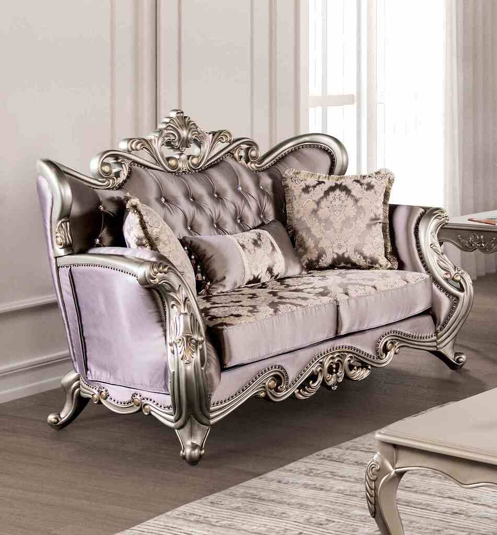 The appearance of Albacete Loveseat In Champagne and Purple designed by Furniture of America in the traditional interior design. This champagne and purple piece of furniture  was selected by 1StopBedrooms from Albacete Collection to add a touch of cosiness and style into your home. Sku: FM65006PR-LV. Material: Velvet.
