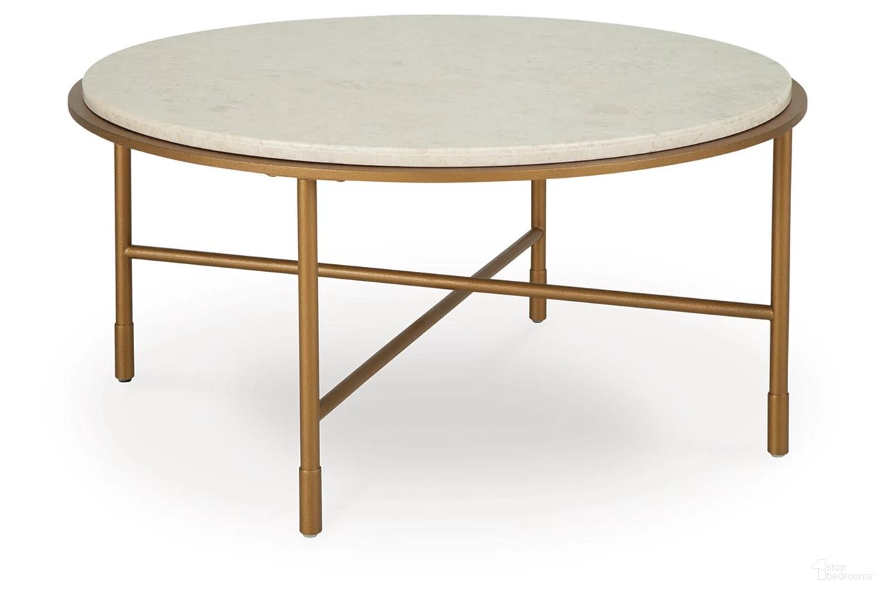 The appearance of Alben Coffee Table In Antique Gold designed by Signature Design by Ashley in the transitional interior design. This antique gold piece of furniture  was selected by 1StopBedrooms from Alben Collection to add a touch of cosiness and style into your home. Sku: T643-8. Material: Metal.