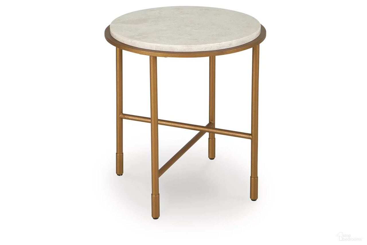 The appearance of Alben End Table In Antique Gold designed by Signature Design by Ashley in the transitional interior design. This antique gold piece of furniture  was selected by 1StopBedrooms from Alben Collection to add a touch of cosiness and style into your home. Sku: T643-6. Material: Metal.