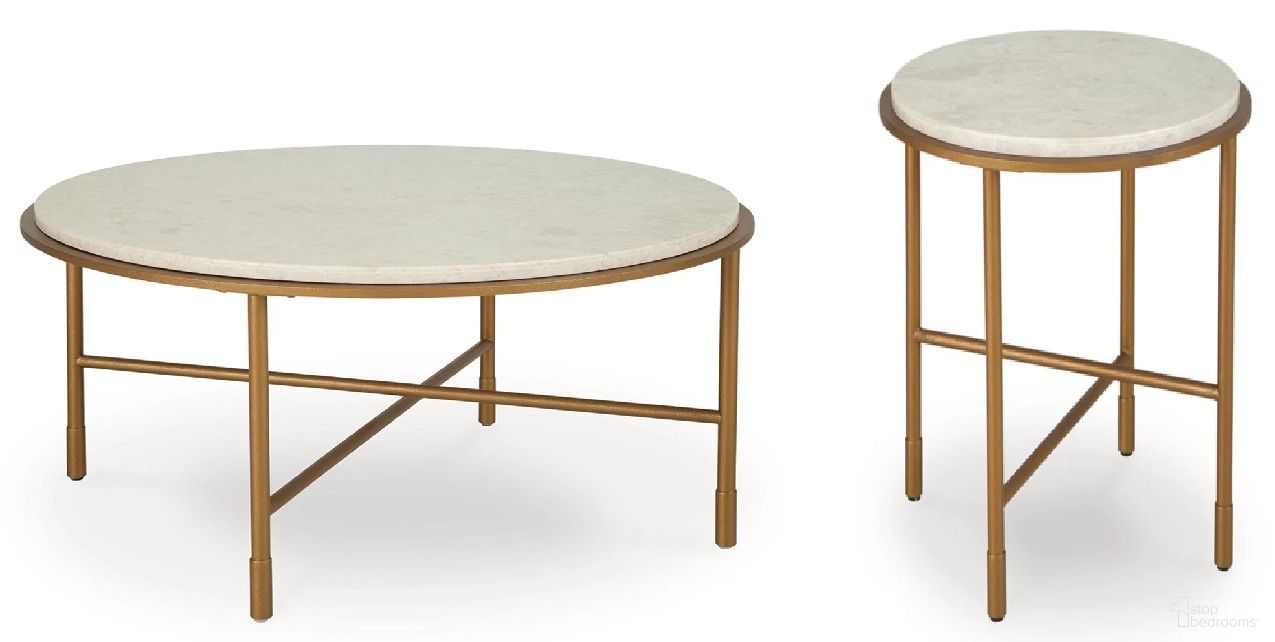 The appearance of Alben Occasional Table Set In Antique Gold designed by Signature Design by Ashley in the transitional interior design. This antique gold piece of furniture  was selected by 1StopBedrooms from Alben Collection to add a touch of cosiness and style into your home. Sku: T643-8;T643-6. Material: Marble.