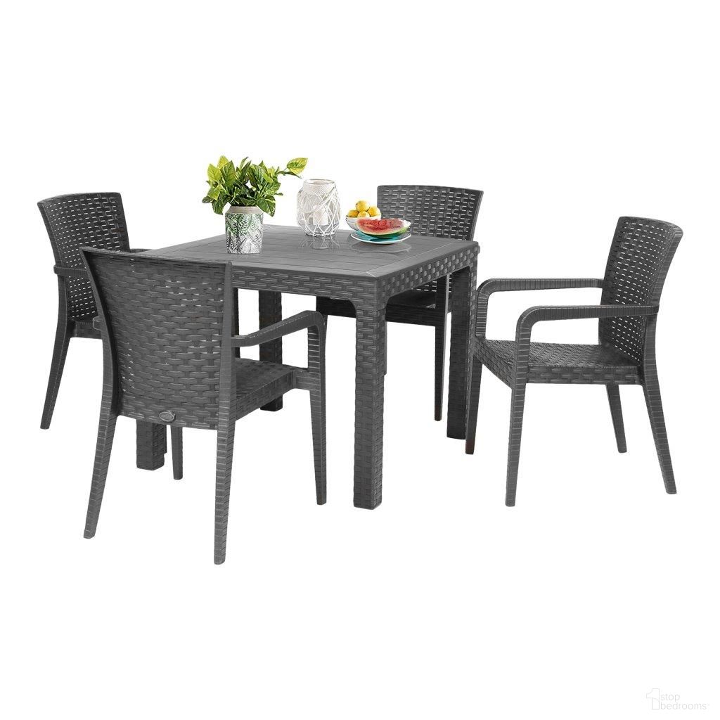 The appearance of Alberta 5-Piece Dining Set In Anthracite designed by Rainbow Outdoor in the traditional interior design. This anthracite piece of furniture  was selected by 1StopBedrooms from Alberta Collection to add a touch of cosiness and style into your home. Sku: RBO-ALBERTA-ANT-5DA. Table Base Style: Legs. Table Top Shape: Square. Material: Polypropylene.