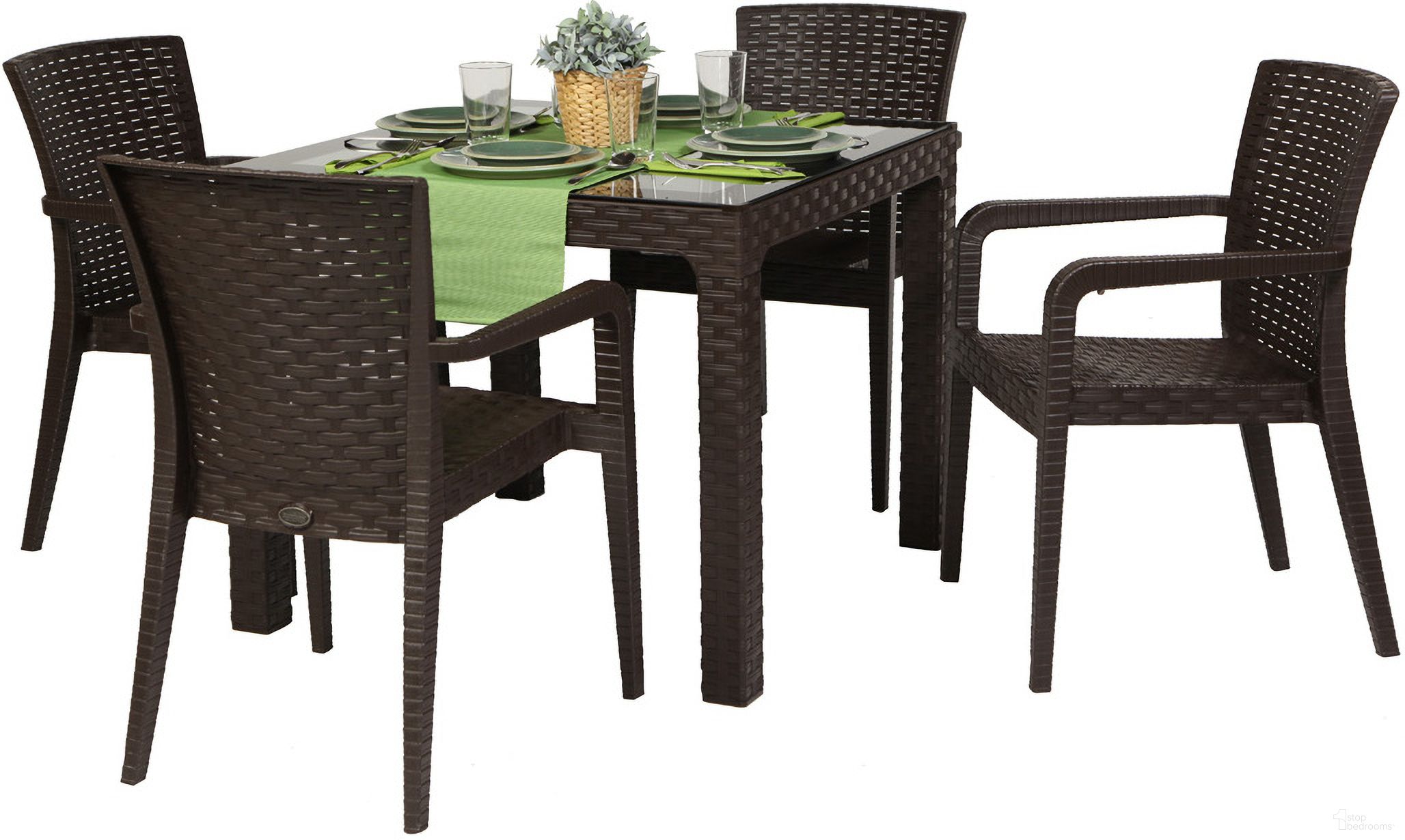 The appearance of Alberta 5-Piece Dining Set In Brown designed by Rainbow Outdoor in the traditional interior design. This brown piece of furniture was selected by 1StopBedrooms from Alberta Collection to add a touch of cosiness and style into your home. Sku: RBO-ALBERTA-BRW-5DA. Table Base Style: Legs. Table Top Shape: Square. Material: Polypropylene.