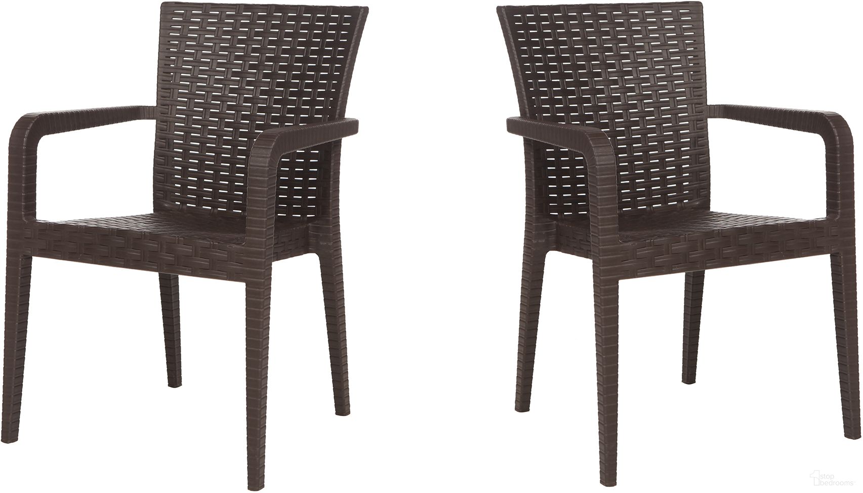 The appearance of Alberta Set of 2 Stackable Armchair In Brown designed by Rainbow Outdoor in the traditional interior design. This brown piece of furniture was selected by 1StopBedrooms from Alberta Collection to add a touch of cosiness and style into your home. Sku: RBO-ALBERTA-BRW-AC-SET2. Material: Polypropylene.