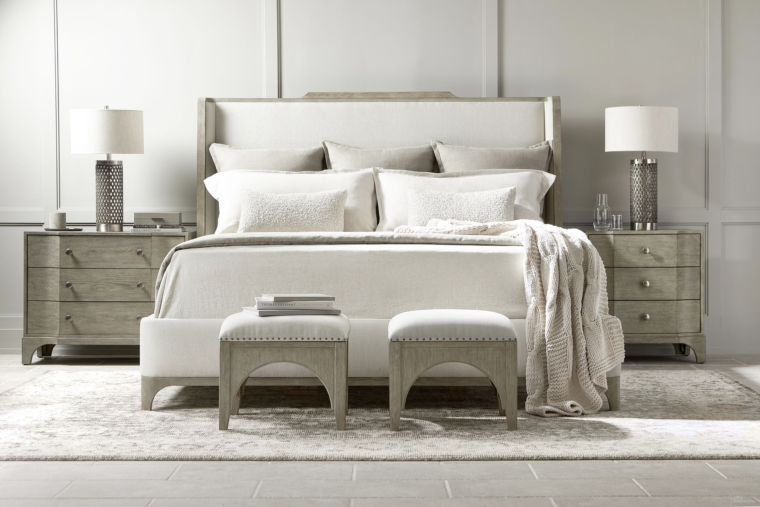 The appearance of Albion Upholstered Shelter Bedroom Set designed by Bernhardt in the modern / contemporary interior design. This pewter piece of furniture was selected by 1StopBedrooms from Albion Collection to add a touch of cosiness and style into your home. Sku: 311FR01;311H01;311230. Material: Fabric. Bed Size: Queen. Bed Type: Upholstered Bed.