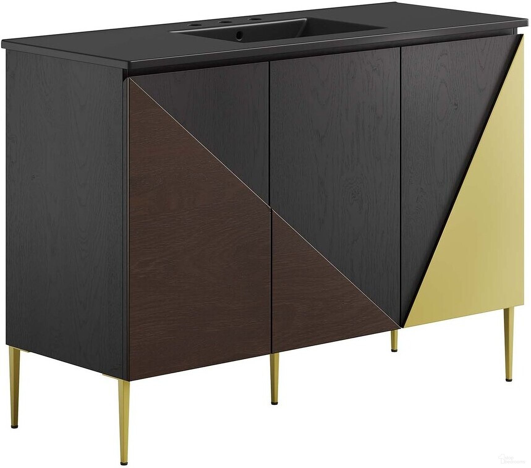 The appearance of Alchemist 48 Inch Single Sink Bathroom Vanity In Black designed by Modway in the modern / contemporary interior design. This black piece of furniture  was selected by 1StopBedrooms from Alchemist Collection to add a touch of cosiness and style into your home. Sku: EEI-5072-BLK;EEI-6145-BLK-GLD. Material: Ceramic.