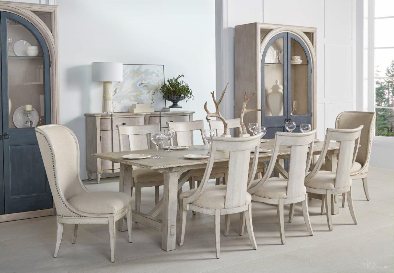 The appearance of Alcove Dining Room Set In White designed by A.R.T. in the traditional interior design. This white piece of furniture was selected by 1StopBedrooms from Alcove Collection to add a touch of cosiness and style into your home. Sku: 321238-2817;321206-2817;321206-2817. Table Base Style: Trestle. Material: Wood. Table Top Shape: Rectangular. Size: 42" x 100".