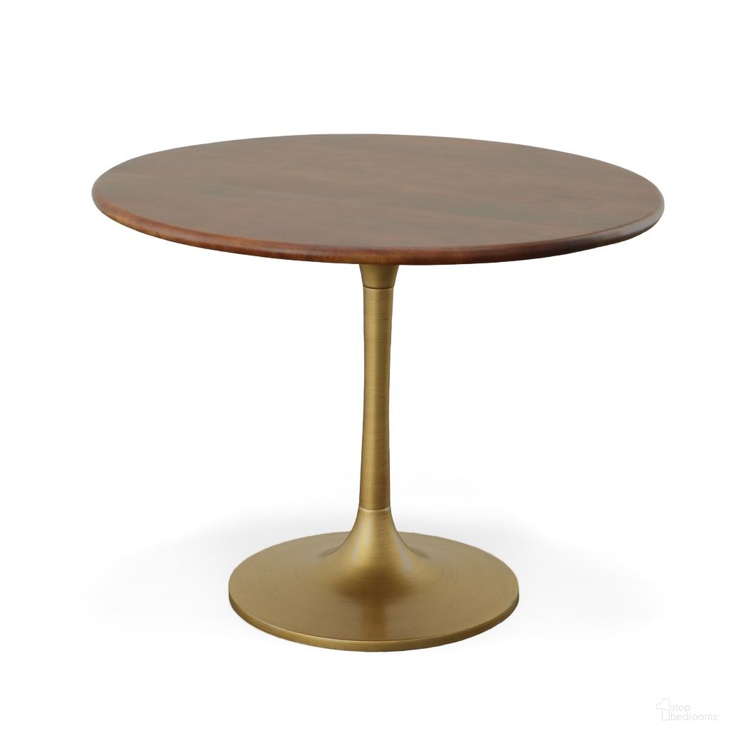 The appearance of Alden Wood Top 40 Inch Round Dining Table In Elm Top and Antique Gold Base designed by Carolina Living in the modern / contemporary interior design. This elm and antique gold piece of furniture  was selected by 1StopBedrooms from Alden Collection to add a touch of cosiness and style into your home. Sku: WT4040T-ELMGLD. Table Base Style: Pedestal. Table Top Shape: Round. Size: 40". Material: Mango Wood.
