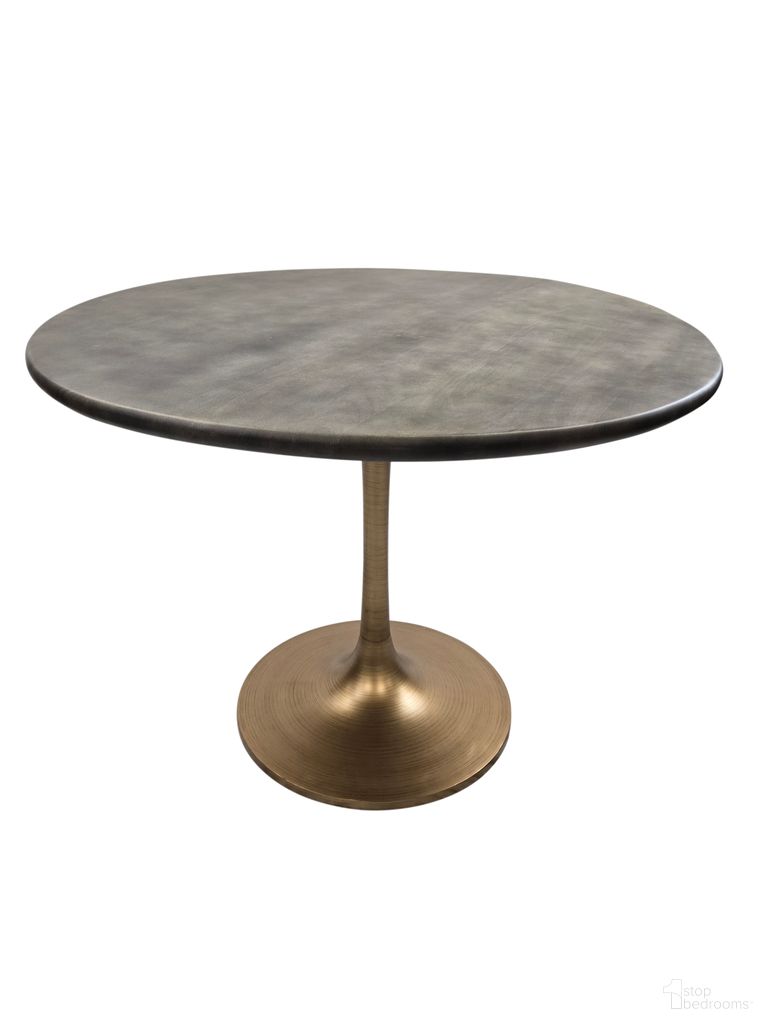 The appearance of Alden Wood Top 40 Inch Round Dining Table In Fog Gray Top and Gold Base designed by Carolina Living in the modern / contemporary interior design. This fog gray and antique gold piece of furniture  was selected by 1StopBedrooms from Alden Collection to add a touch of cosiness and style into your home. Sku: WT4040T-FGRYGLD. Table Base Style: Pedestal. Table Top Shape: Round. Size: 40". Material: Mango Wood.