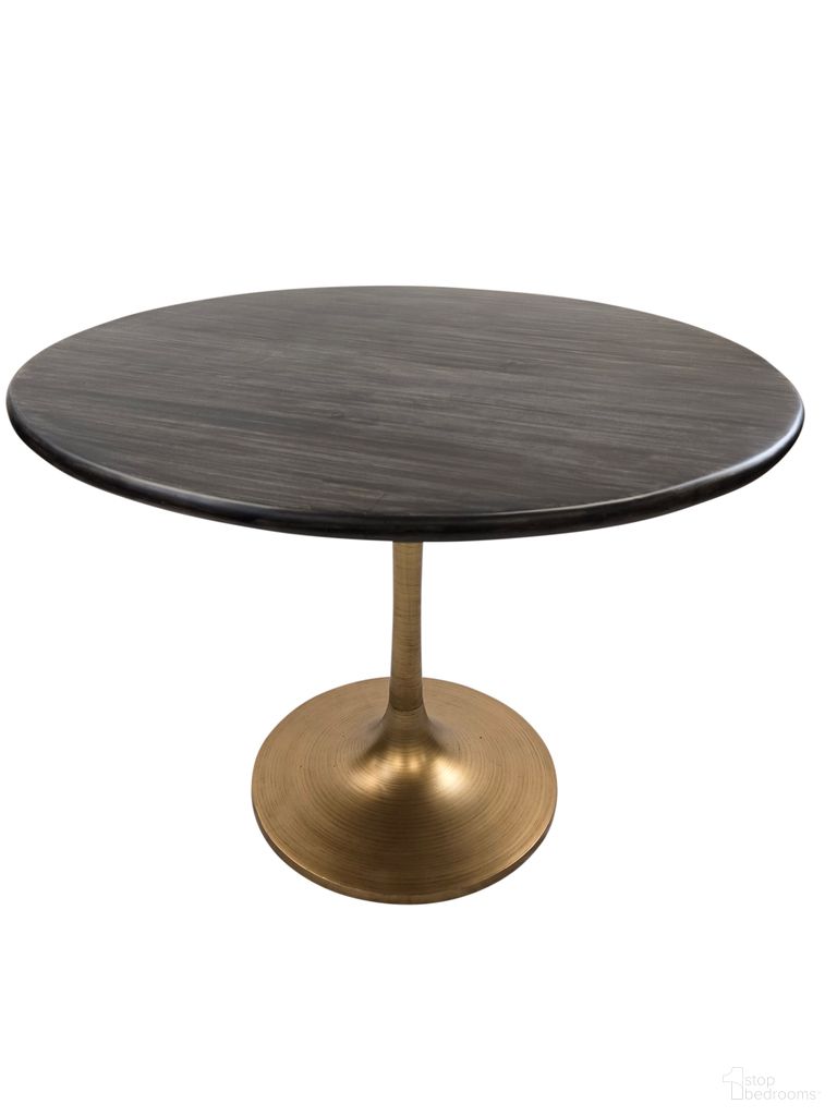 The appearance of Alden Wood Top 40 Inch Round Dining Table In Warm Black Top and Gold Base designed by Carolina Living in the modern / contemporary interior design. This warm black and antique gold piece of furniture  was selected by 1StopBedrooms from Alden Collection to add a touch of cosiness and style into your home. Sku: WT4040T-WMBLKGLD. Table Base Style: Pedestal. Table Top Shape: Round. Size: 40". Material: Mango Wood.