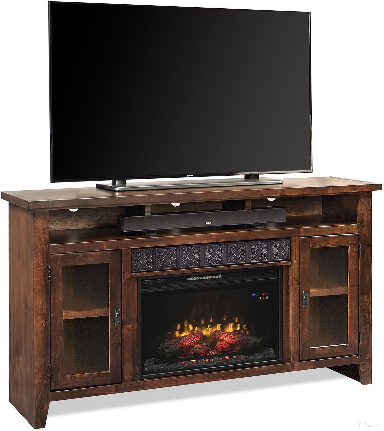 The appearance of Alder Grove 63 Inch Fireplace Console In Tobacco designed by Aspenhome in the rustic / southwestern interior design. This tobacco piece of furniture  was selected by 1StopBedrooms from Alder Grove Collection to add a touch of cosiness and style into your home. Sku: DG1901-TOB. Material: Wood.