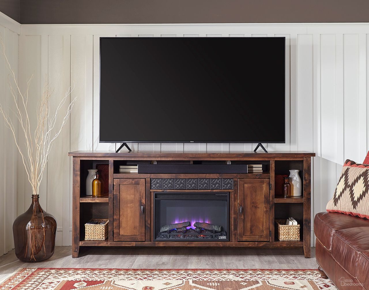 Alder Grove 84 Inch Fireplace Console In Fruitwood