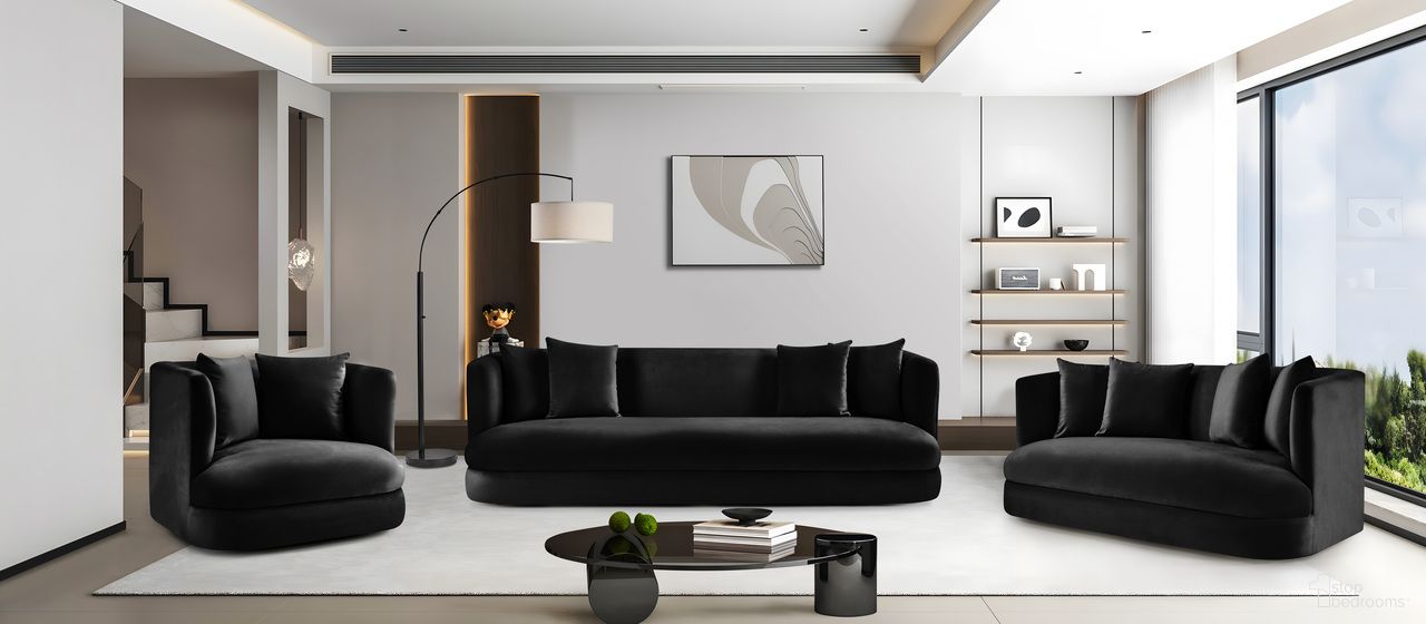 The appearance of Alder Velvet Living Room Set In Black Velvet designed by Meridian in the modern / contemporary interior design. This black velvet piece of furniture was selected by 1StopBedrooms from Alder Collection to add a touch of cosiness and style into your home. Sku: 699Black-S;699Black-L. Material: Velvet.