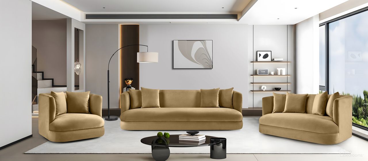 The appearance of Alder Velvet Living Room Set In Camel designed by Meridian in the modern / contemporary interior design. This camel piece of furniture was selected by 1StopBedrooms from Alder Collection to add a touch of cosiness and style into your home. Sku: 699Camel-S;699Camel-L. Material: Velvet.