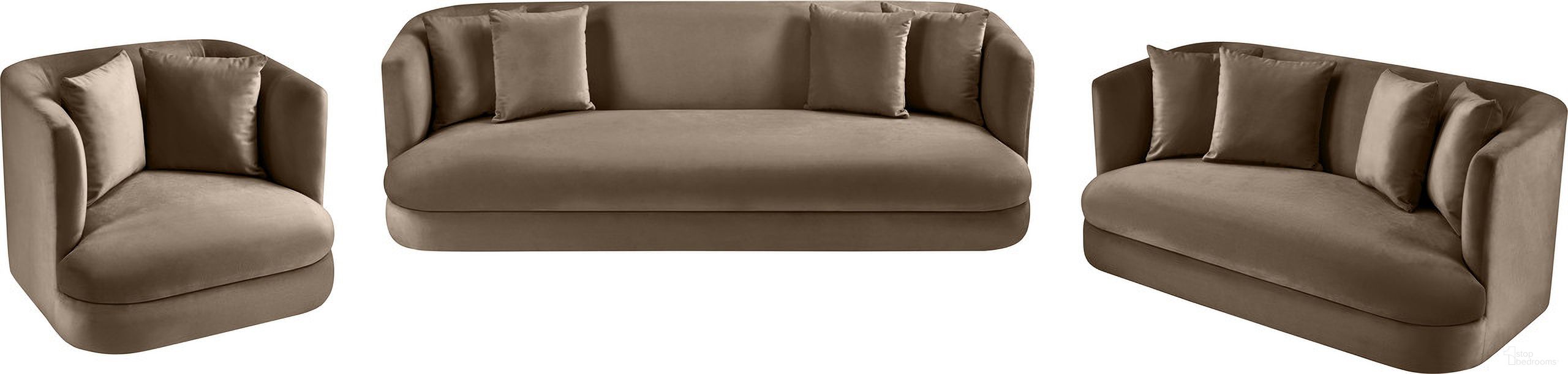 The appearance of Alder Velvet Living Room Set In Taupe designed by Meridian in the modern / contemporary interior design. This taupe piece of furniture  was selected by 1StopBedrooms from Alder Collection to add a touch of cosiness and style into your home. Sku: 699Taupe-S;699Taupe-L. Material: Velvet.
