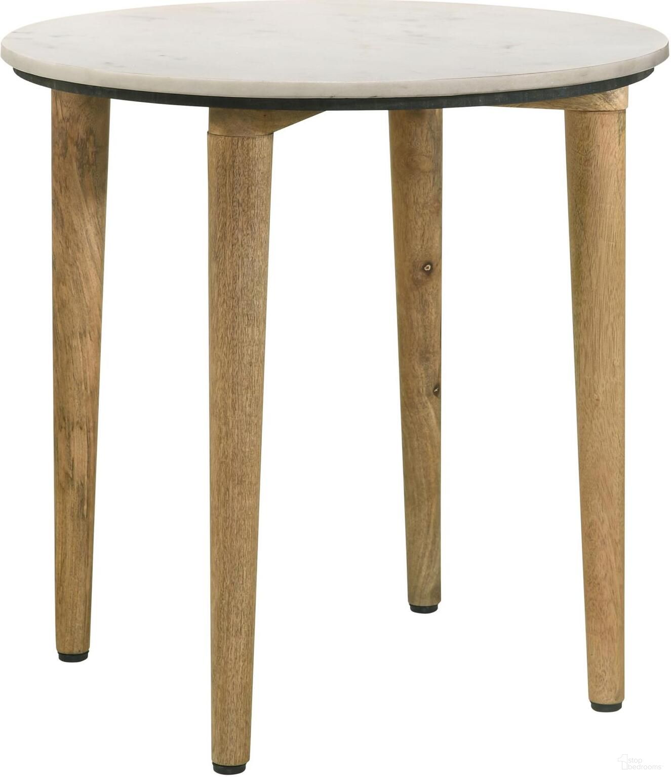 The appearance of Aldis Round Marble Top End Table White and Natural designed by Coaster in the transitional interior design. This white piece of furniture  was selected by 1StopBedrooms from Aldis Collection to add a touch of cosiness and style into your home. Sku: 703717. Material: Wood.