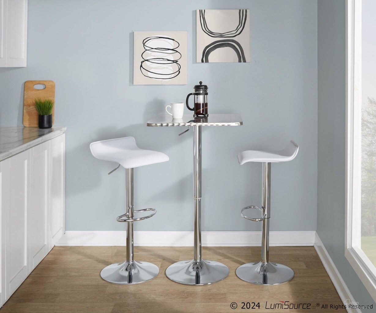 The appearance of Ale Bistro Square Adjustable Bar Set with Oval Footrest In Silver and White designed by Lumisource in the modern / contemporary interior design. This silver/white piece of furniture  was selected by 1StopBedrooms from Ale Collection to add a touch of cosiness and style into your home. Sku: BT-TLBISTRO23SQ;BS-ALE W2. Material: Foam.
