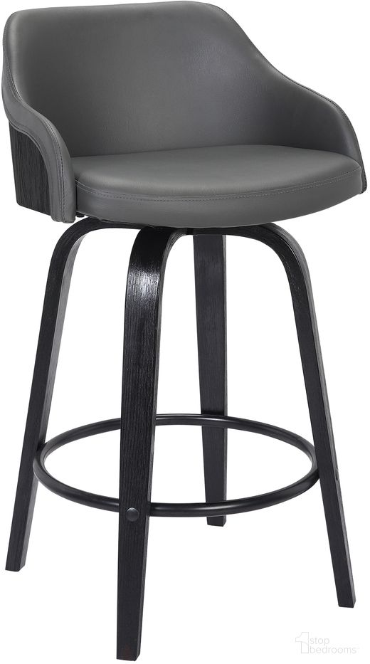 The appearance of Alec 26 Inch Counter Height Swivel Gray Faux Leather and Black Wood Bar Stool designed by Armen Living in the transitional interior design. This gray piece of furniture was selected by 1StopBedrooms from Alec Collection to add a touch of cosiness and style into your home. Sku: LCAEBABLGR26. Material: Steel.