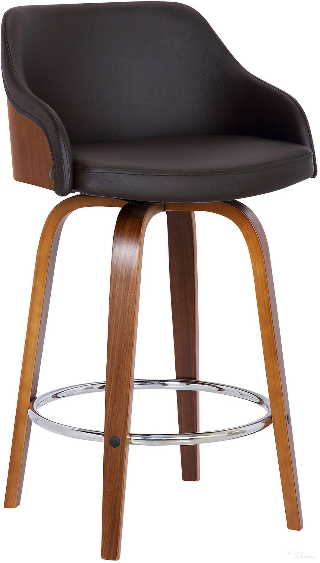 The appearance of Alec 30 Inch Bar Height Swivel Brown Faux Leather and Walnut Wood Barstool designed by Armen Living in the transitional interior design. This brown piece of furniture  was selected by 1StopBedrooms from Alec Collection to add a touch of cosiness and style into your home. Sku: LCAEBAWABR30. Material: Wood.