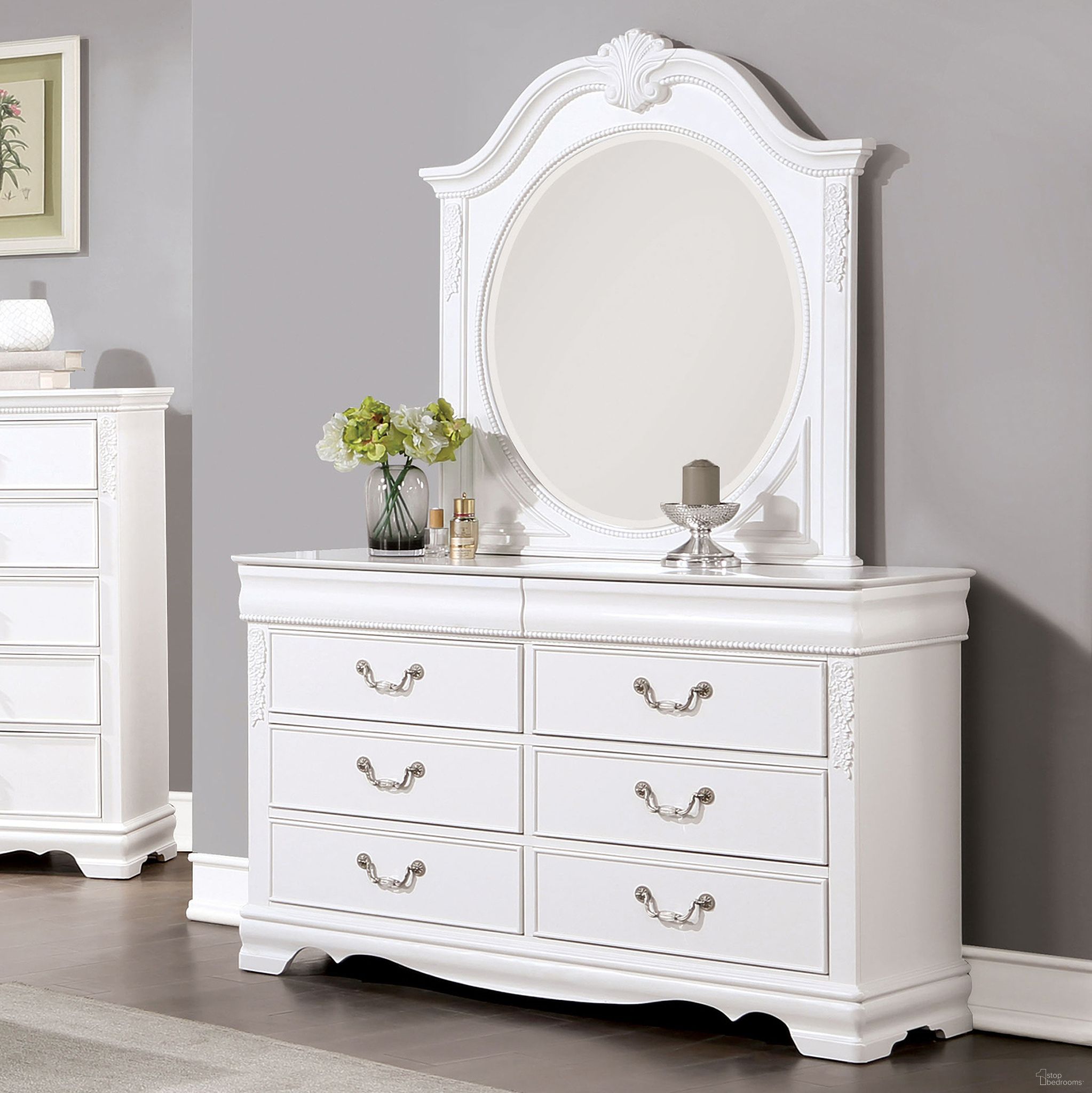 The appearance of Alecia Dresser In White designed by Furniture of America in the transitional interior design. This white piece of furniture  was selected by 1StopBedrooms from Alecia Collection to add a touch of cosiness and style into your home. Sku: CM7458WH-D. Material: Wood.