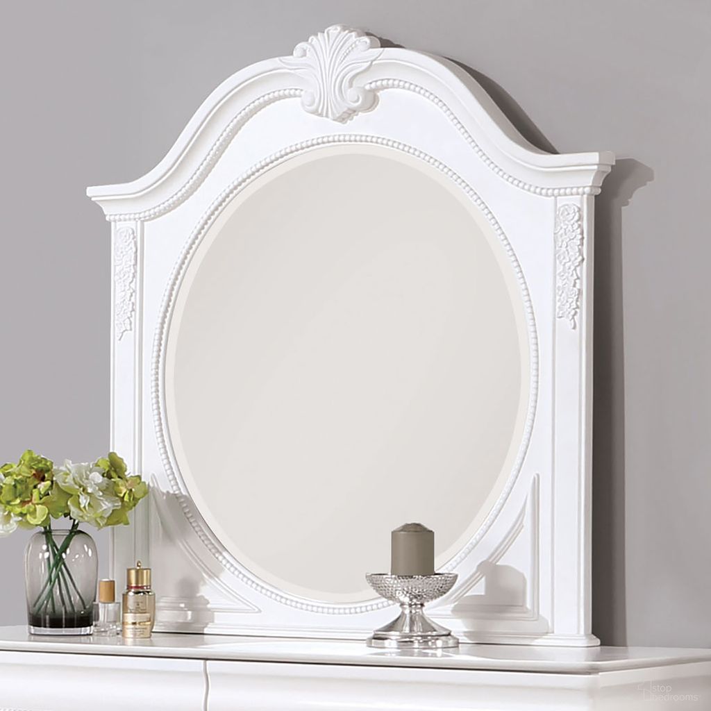 The appearance of Alecia Mirror In White designed by Furniture of America in the transitional interior design. This white piece of furniture was selected by 1StopBedrooms from Alecia Collection to add a touch of cosiness and style into your home. Sku: CM7458WH-M. Material: Wood.