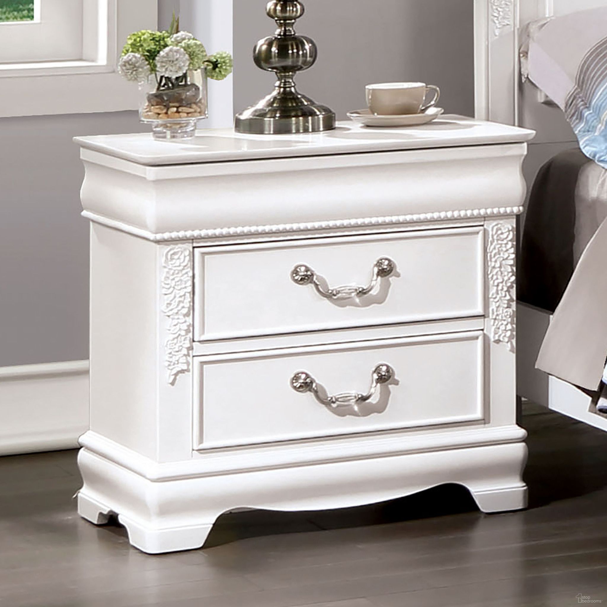 The appearance of Alecia Night Stand With Usb In White designed by Furniture of America in the transitional interior design. This white piece of furniture was selected by 1StopBedrooms from Alecia Collection to add a touch of cosiness and style into your home. Sku: CM7458WH-N. Material: Wood.