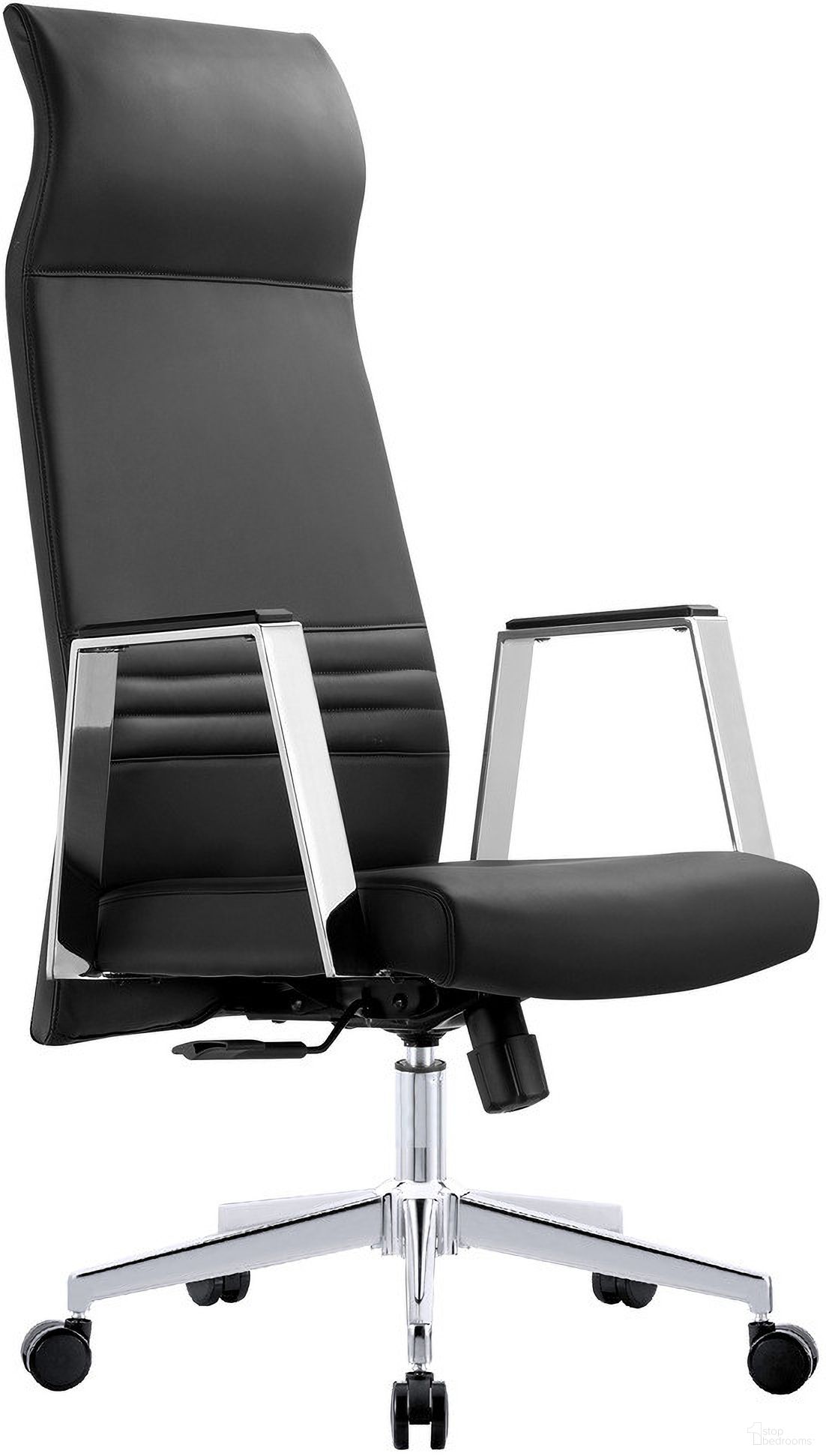 The appearance of Aleen High-Back Office Chair In Upholstered Leather and Iron Frame with Swivel and Tilt In Black designed by LeisureMod in the modern / contemporary interior design. This black piece of furniture was selected by 1StopBedrooms from Aleen Collection to add a touch of cosiness and style into your home. Sku: AOT19BLL. Material: Leather.