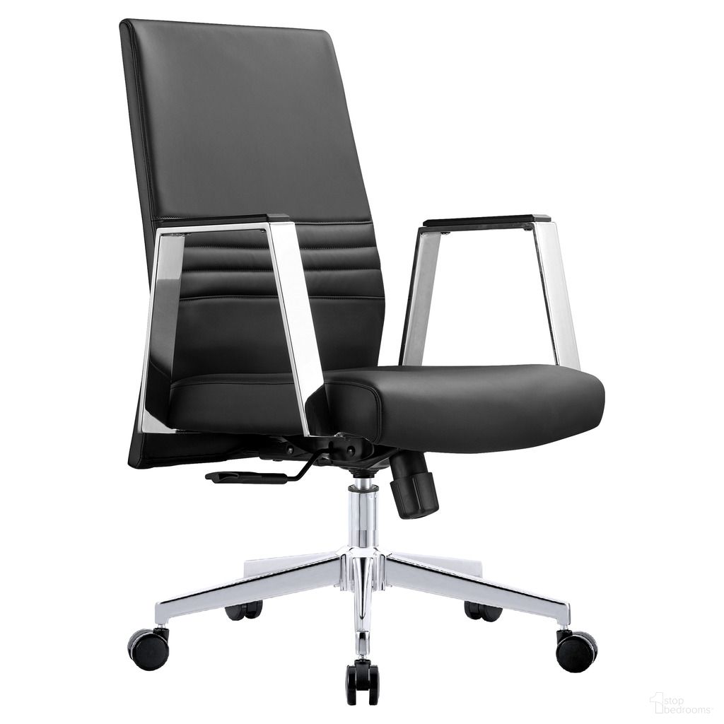 The appearance of Aleen Office Chair In Upholstered Leather and Iron Frame with Swivel and Tilt In Black designed by LeisureMod in the modern / contemporary interior design. This black piece of furniture was selected by 1StopBedrooms from Aleen Collection to add a touch of cosiness and style into your home. Sku: AO19BLL. Material: Leather.