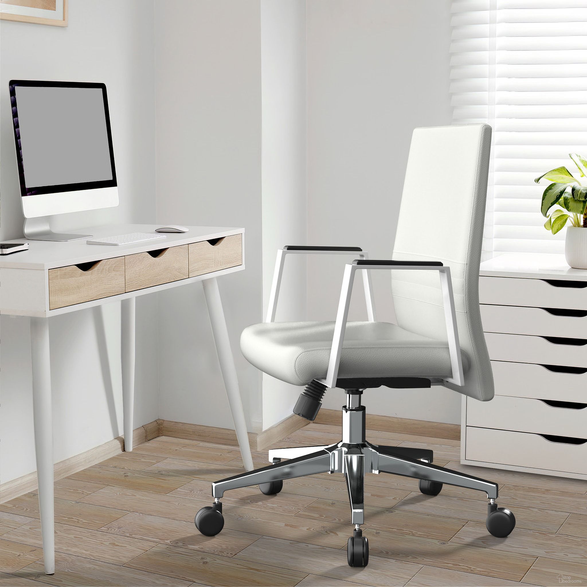 The appearance of Aleen Upholstered Leather Tilt Office Chair In White designed by LeisureMod in the modern / contemporary interior design. This white piece of furniture was selected by 1StopBedrooms from Aleen Collection to add a touch of cosiness and style into your home. Sku: AO19WL. Material: Faux Leather.