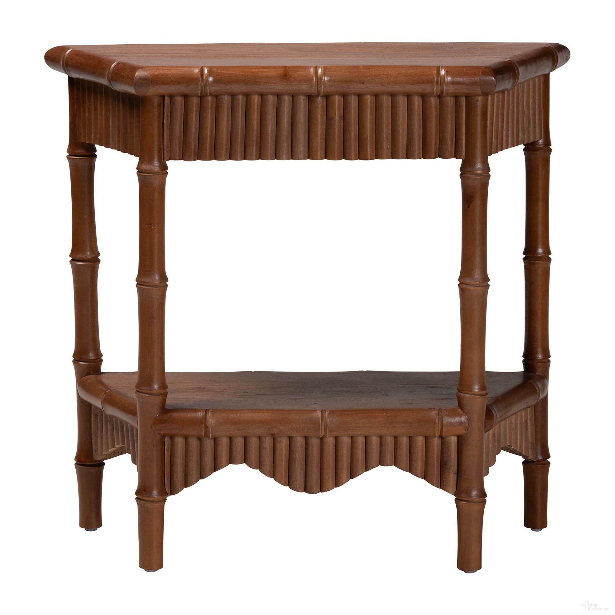 The appearance of Alessa Mahogany Wood 32 Inch Fluted Wood Console Table with Bamboo Motif and Two-Tier Display In Mahogany Brown designed by Baxton Studio in the bohemian interior design. This mahogany brown piece of furniture was selected by 1StopBedrooms from Alessa Collection to add a touch of cosiness and style into your home. Sku: Alessa-Light Brown Wooden-32in-Console Table. Material: Mahogany.