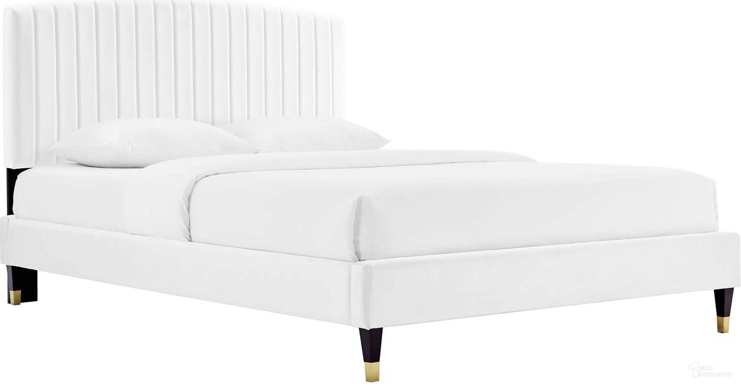 The appearance of Alessi Performance Velvet Queen Platform Bed In White MOD-6284-WHI designed by Modway in the modern / contemporary interior design. This white piece of furniture  was selected by 1StopBedrooms from Alessi Collection to add a touch of cosiness and style into your home. Sku: MOD-6141-WHI;MOD-6270-WHI. Bed Type: Platform Bed. Bed Size: Queen. Material: MDF.