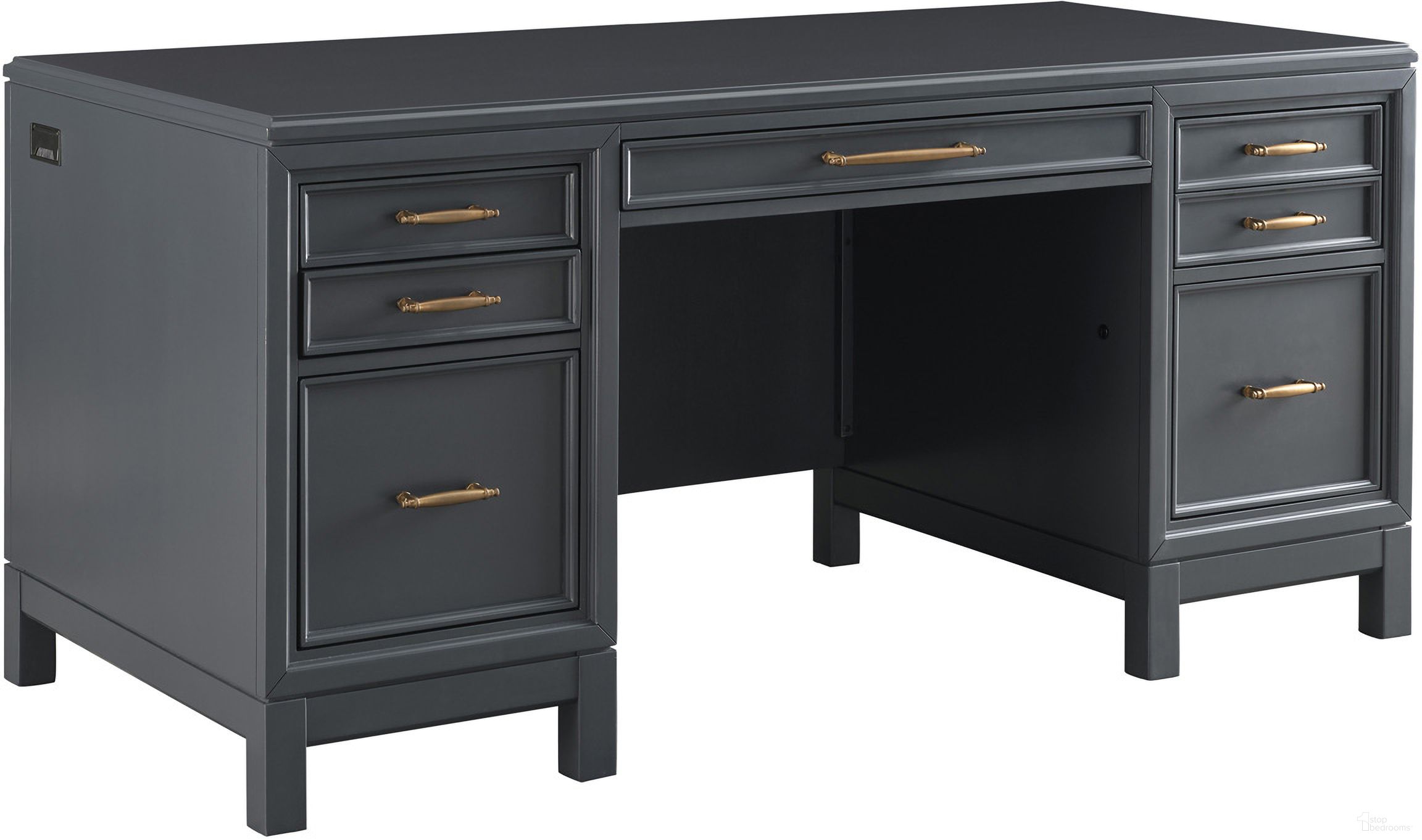 The appearance of Alexander 66 Inch Executive Desk In Midnight designed by Aspenhome in the transitional interior design. This midnight piece of furniture was selected by 1StopBedrooms from Alexander Collection to add a touch of cosiness and style into your home. Sku: I3014-303. Material: Wood.