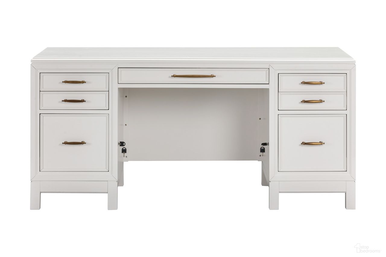 The appearance of Alexander 66 Inch Executive Desk In White designed by Aspenhome in the transitional interior design. This white piece of furniture was selected by 1StopBedrooms from Alexander Collection to add a touch of cosiness and style into your home. Sku: I3014-303-WHI. Material: Wood.