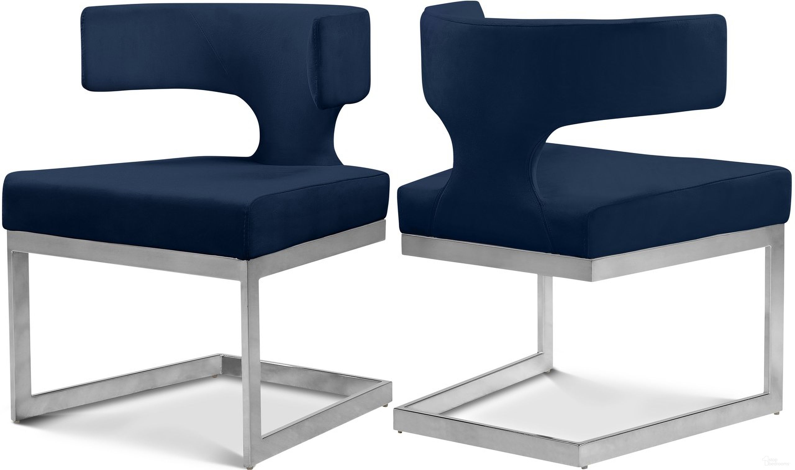 The appearance of Alexandra Velvet Dining Chair In Navy/Chrome designed by Meridian in the modern / contemporary interior design. This navy piece of furniture  was selected by 1StopBedrooms from Alexandra Collection to add a touch of cosiness and style into your home. Sku: 954Navy-C. Material: Velvet. Chair Type: Side Chair.