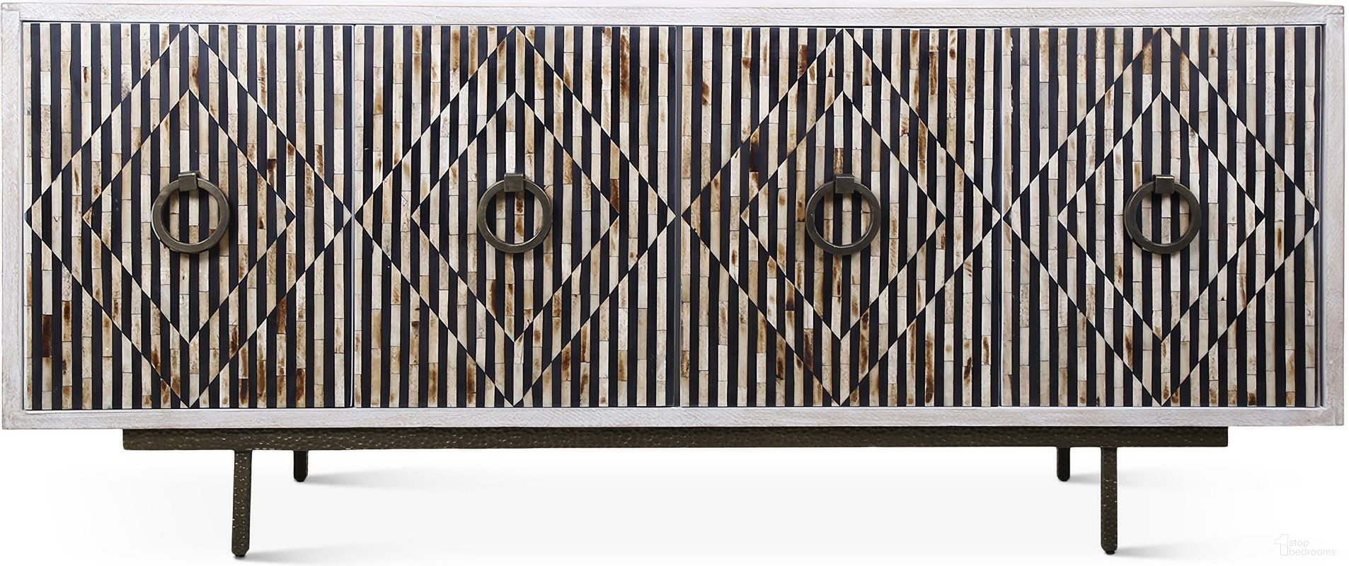 The appearance of Alexandria 72 Inch Sideboard with Bone, Horn, Wood Inlay On Metal Base In Black and White designed by Home Trends and Design in the modern / contemporary interior design. This black/white piece of furniture  was selected by 1StopBedrooms from Alexandria Collection to add a touch of cosiness and style into your home. Sku: ZWALXBF72BWH. Material: Bone.
