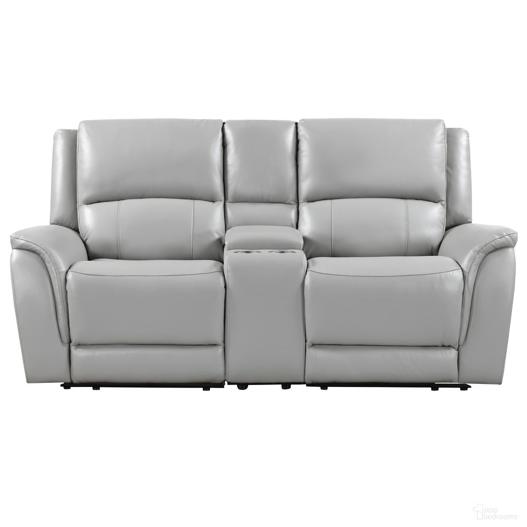 The appearance of Alexandria Leather Power Reclining Console Loveseat In Gray designed by Steve Silver in the transitional interior design. This gray piece of furniture was selected by 1StopBedrooms from Alexandria Collection to add a touch of cosiness and style into your home. Sku: ALX70629RRT;ALX70629LRT;ALX70629CT. Material: MDF.