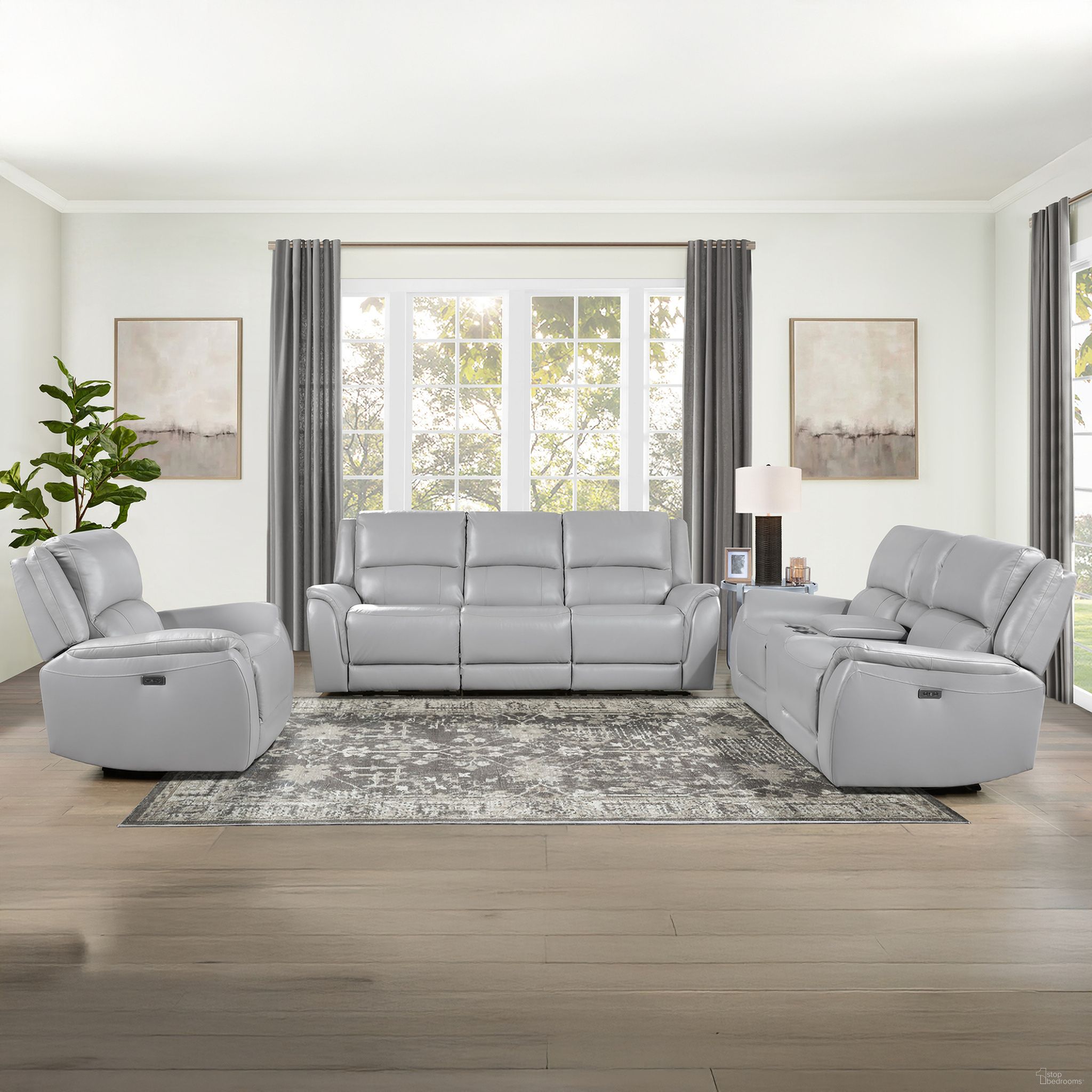 The appearance of Alexandria Leather Power Reclining Living Room Set In Gray designed by Steve Silver in the modern / contemporary interior design. This gray piece of furniture was selected by 1StopBedrooms from Alexandria Collection to add a touch of cosiness and style into your home. Sku: ALX70629LRT;ALX70629RRT;ALX70629ACT;ALX70629RRT;ALX70629LRT;ALX70629CT. Material: Faux Leather.