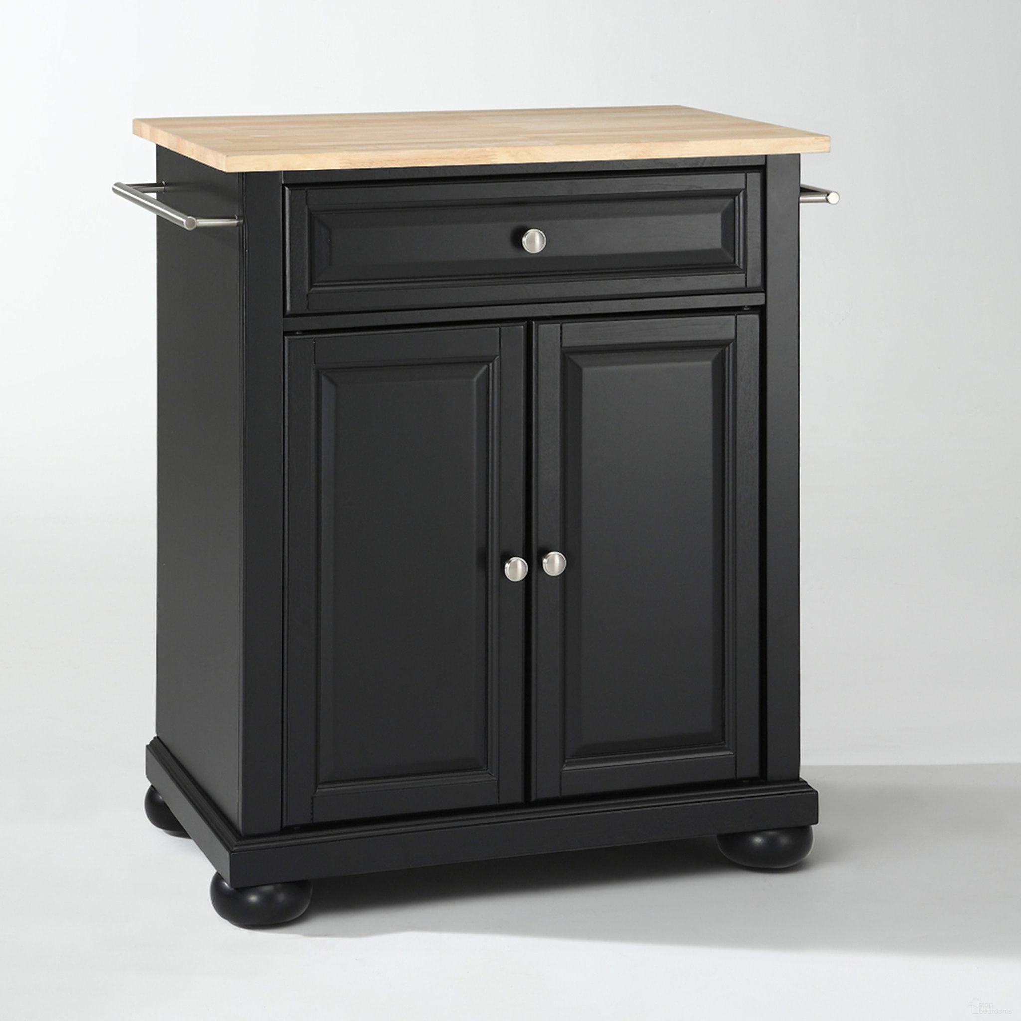 The appearance of Alexandria Wood Top Portable Kitchen Island/Cart In Black and Natural designed by Crosley Brands in the traditional interior design. This black and natural piece of furniture was selected by 1StopBedrooms from Alexandria Collection to add a touch of cosiness and style into your home. Sku: CF3002-BK;CF0403-NA;CF0101-BK. Material: Solid Hardwood.