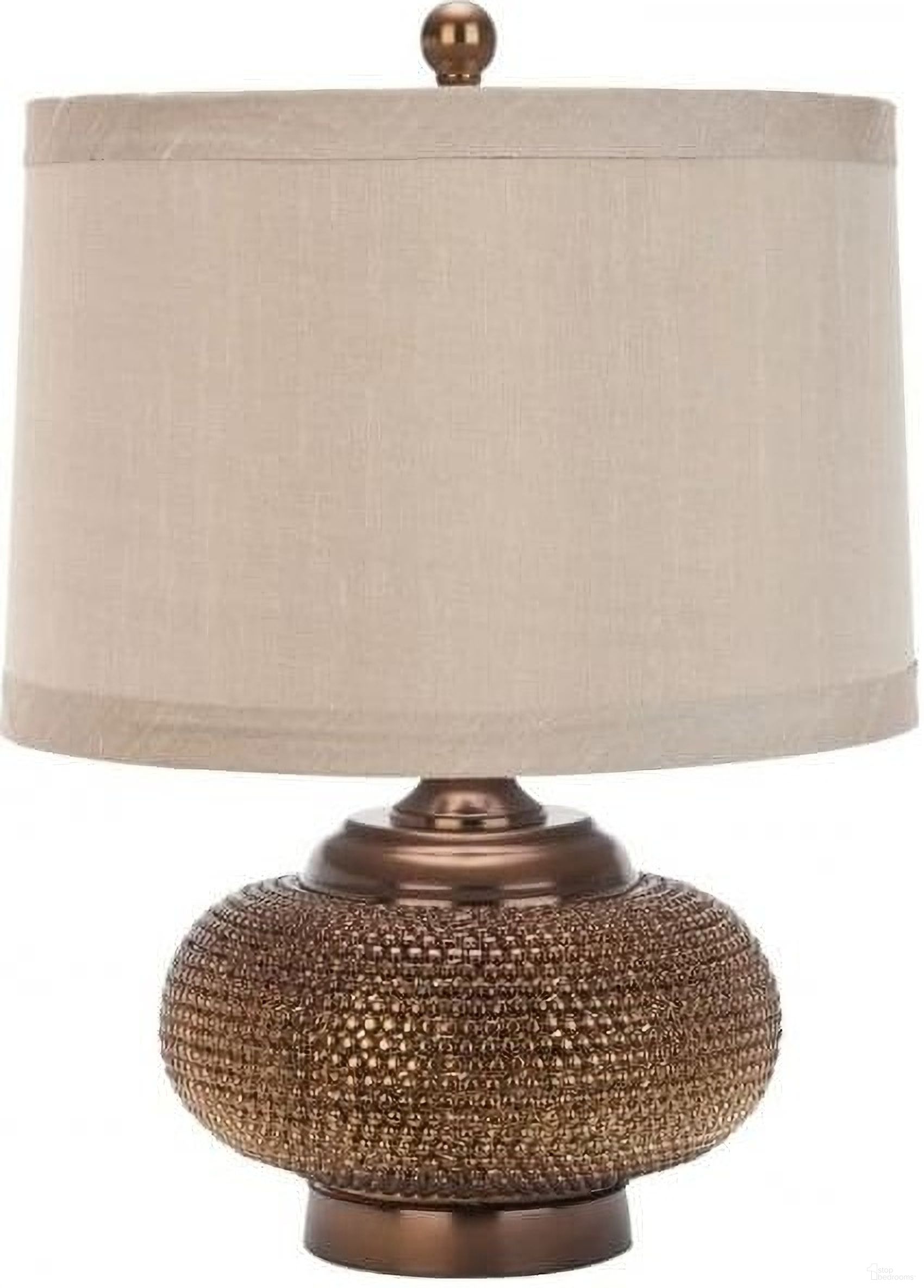 The appearance of Alexis Copper Beaded 19 Inch Table Lamp with Taupe Shade designed by Safavieh in the rustic / southwestern interior design. This copper piece of furniture was selected by 1StopBedrooms from Alexis Collection to add a touch of cosiness and style into your home. Sku: LITS4016A. Material: Resin.