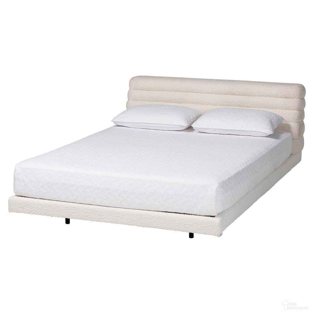 Alfie Boucle King Floating Bed with Channel Tufted Headboard In Cream and Black
