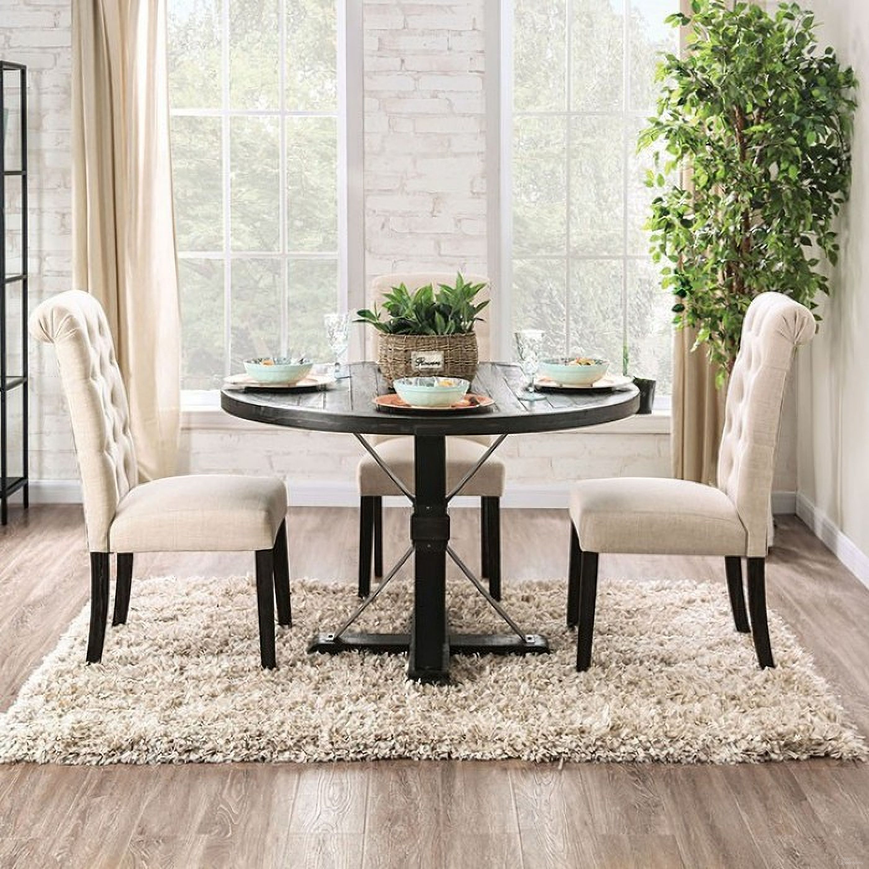 The appearance of Alfred Dining Room Set In Antique Black designed by Furniture of America in the rustic / southwestern interior design. This antique black and ivory piece of furniture was selected by 1StopBedrooms from Alfred Collection to add a touch of cosiness and style into your home. Sku: CM3735RT;CM3735IV-SC-2PK. Table Base Style: Pedestal. Material: Wood. Size: 48".