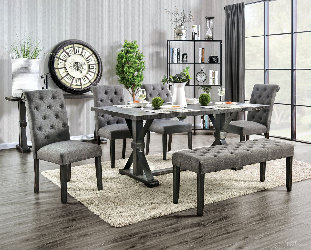 The appearance of Alfred Dining Room Set In Antique Black designed by Furniture of America in the rustic / southwestern interior design. This antique black piece of furniture was selected by 1StopBedrooms from Alfred Collection to add a touch of cosiness and style into your home. Sku: CM3735T;CM3735GY-SC-2PK. Material: Wood. Table Top Shape: Rectangular. Size: 72" x 42".